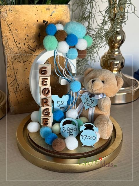 Cupolă din sticlă personalizată ursuleț, cu nume și datele nașterii [5]