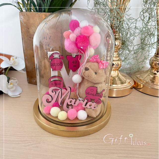 Cupolă de sticlă personalizată, Ursuleț cu date naștere [4]