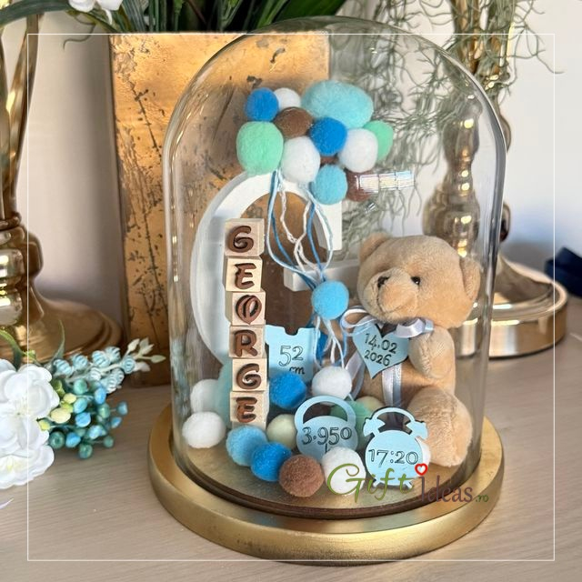 Cupolă din sticlă personalizată ursuleț, cu nume și datele nașterii [4]