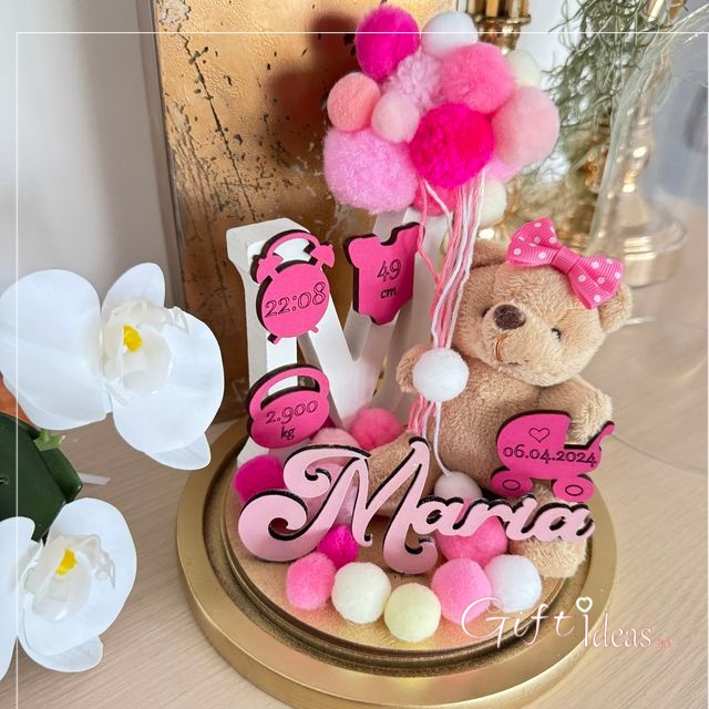 Cupolă de sticlă personalizată, Ursuleț cu date naștere [3]