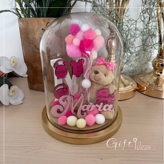 Cupolă de sticlă personalizată, Ursuleț cu date naștere [6]