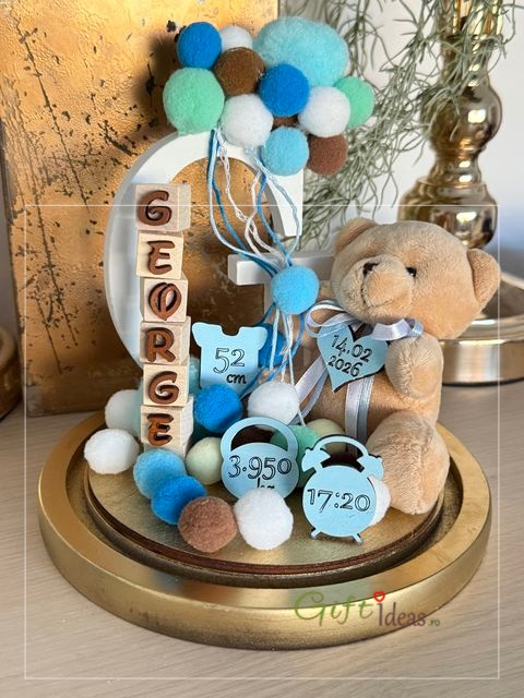 Cupolă din sticlă personalizată ursuleț, cu nume și datele nașterii [3]