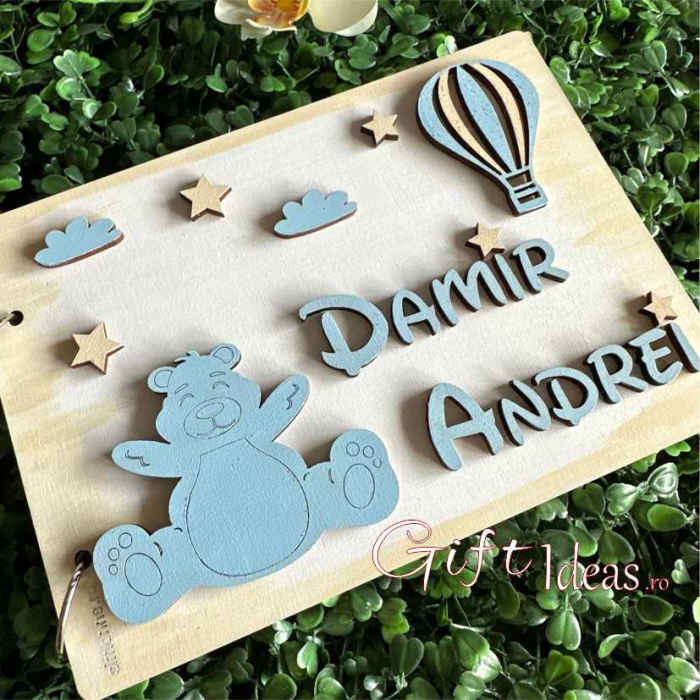 Guest book, caiet de amintiri, jurnal tematic ursulet si balon cu aer,  personalizat cu nume si accesorii. [2]