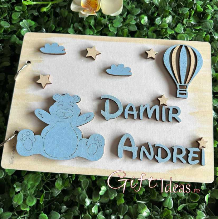 Guest book, caiet de amintiri, jurnal tematic ursulet si balon cu aer,  personalizat cu nume si accesorii. [3]