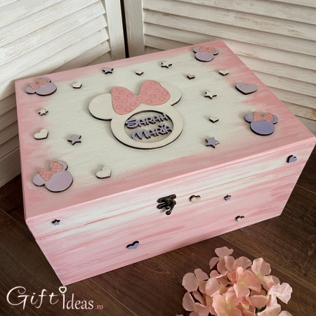 Cadouri BOTEZ - Cufar, cutie amintiri cadou botez Minnie Mouse, personalizat