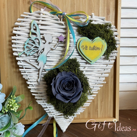 Decoratiune Blue Heart trandafir criogenat, licheni si Zana [1]