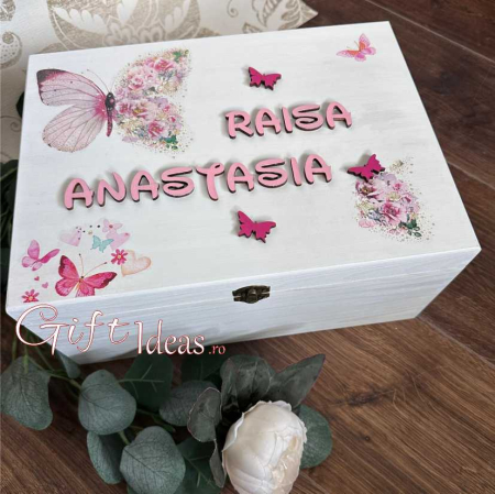 Cufăr de amintiri personalizat, Tărâmul Zânelor, fluturi și flori [1]