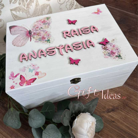 Cufăr de amintiri personalizat, Tărâmul Zânelor, fluturi și flori [2]