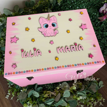 Baby Shower - Cufăr Lemn Personalizat „Pisicuța Unicorn” | Handmade
