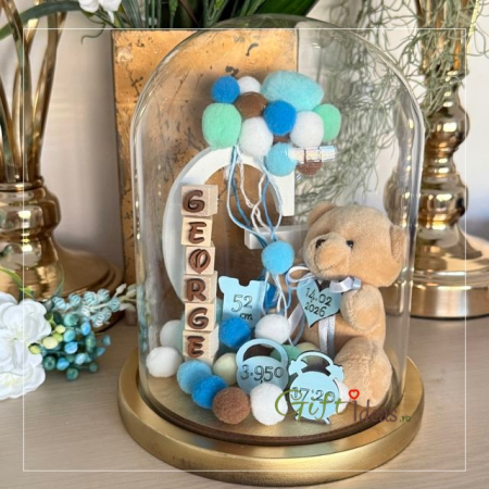 Craciun - Cupolă din sticlă personalizată ursuleț, cu nume și datele nașterii