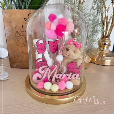 COPII - Cupolă de sticlă personalizată, Ursuleț cu date naștere