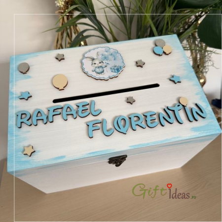 Nou nascut - Cutie de dar, amintiri botez, Iepurasul cu baloane