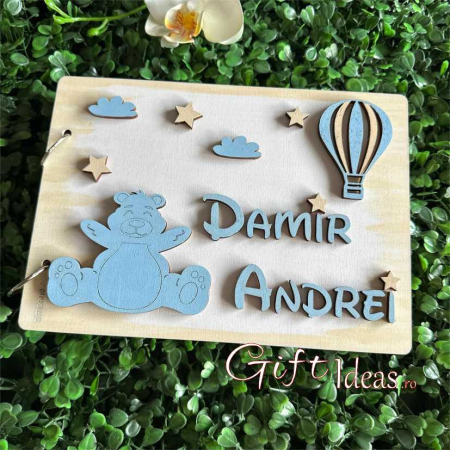 Cadouri BOTEZ - Guest book, caiet de amintiri, jurnal tematic ursulet si balon cu aer,  personalizat cu nume si accesorii.