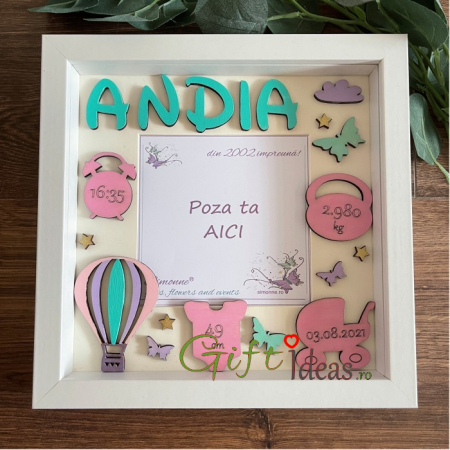 Cadouri BOTEZ - Shadow box personalizat, fetita, Balon vesel