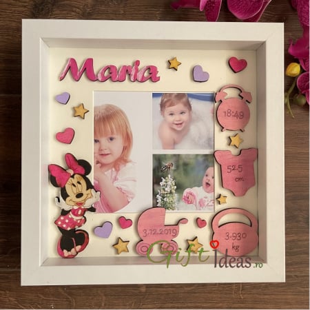 Cadouri BOTEZ - shadowbox, rama foto personalizata, date nastere, minnie