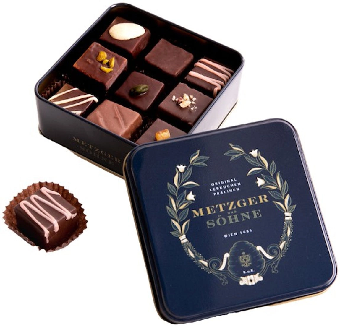 Maggiore Lebkuchen - Praline de ciocolată cu turtă dulce în cutie metalică bleumarin, Metzger und Sohne, 115G [1]