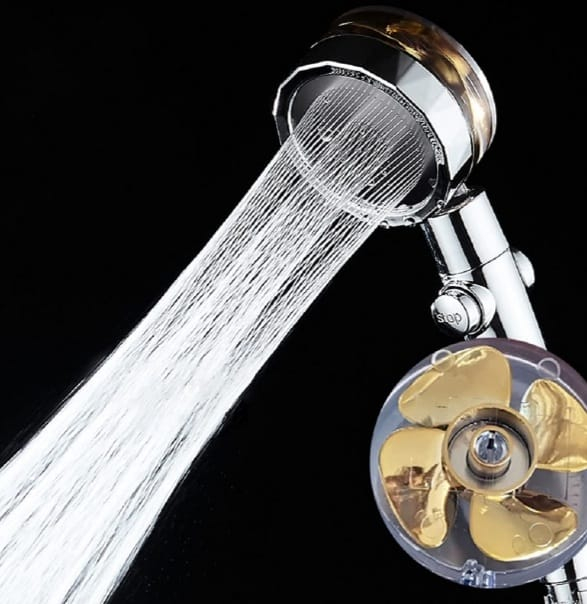 Cap de duș cu elice pentru presiune mărită, cap rotativ, filtru impurități, jet apă tip tornadă, buton oprire apă [1]