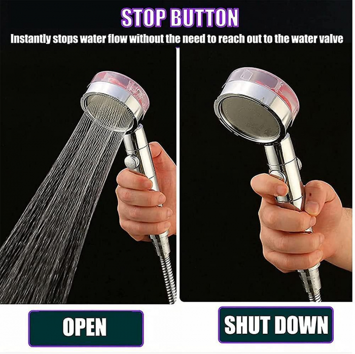 Cap de duș cu elice pentru presiune mărită, cap rotativ, filtru impurități, jet apă tip tornadă, buton oprire apă [5]