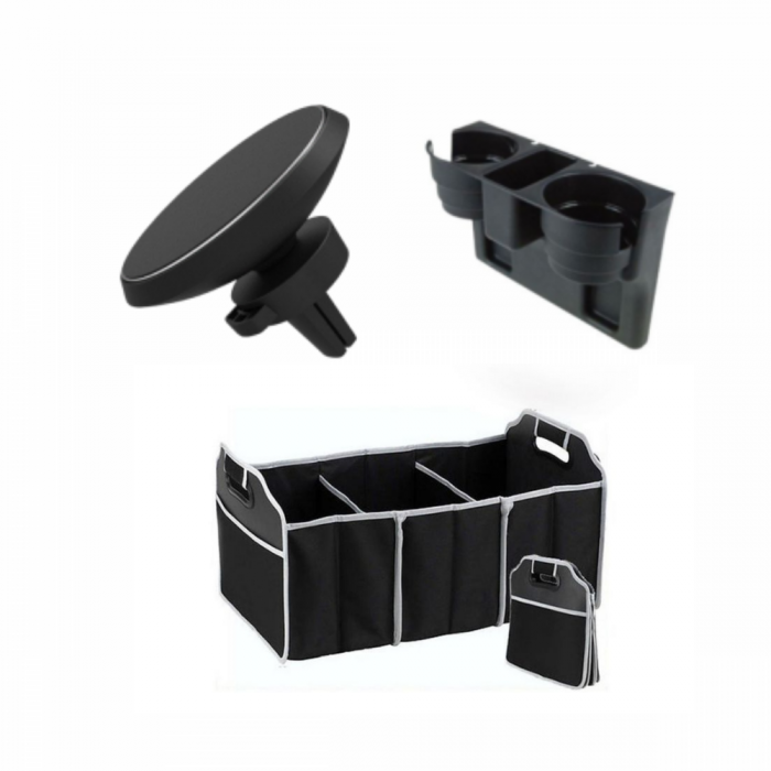 Set accesorii auto format din suport magnetic cu incarcare wireless, organizator scaun, organizator portbagaj 3 compartimente [1]