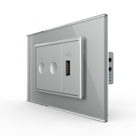 Intrerupator tactil dublu + priza USB, 3M, rama sticla, Livolo [4]