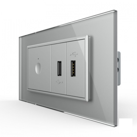 Intrerupator tactil simplu cap scara / cruce + priza dubla USB, 4M, cu rama sticla, Livolo [3]