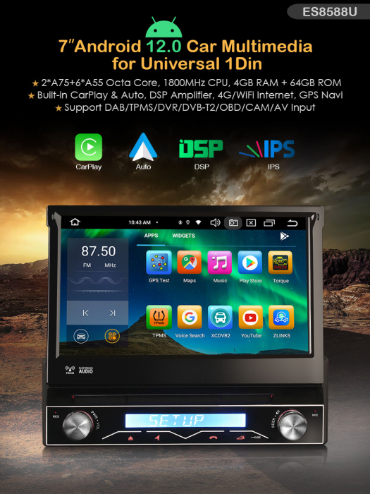 Navigatie auto 1 DIN, Multimedia player auto, ecran retractabil, Android 13 [10]