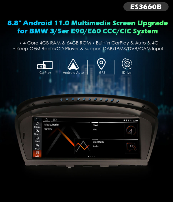Navigatie auto 2 din, Pachet dedicat BMW Seria 3 E60 E61 E63 E64 E90 E91 E92 E93 CIC CC, Android 11, 8.8 Inch [10]