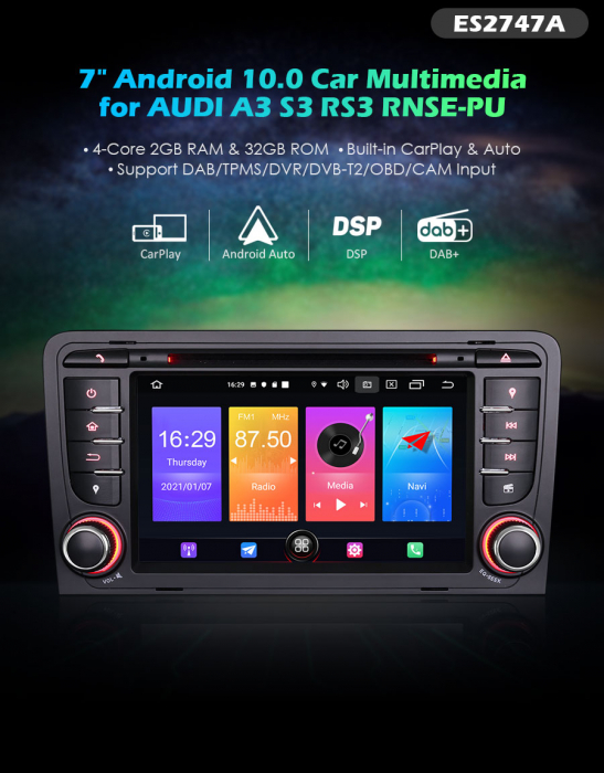 Navigatie auto, Pachet dedicat AUDI A3 (2003-2011) S3 RS3 RNSE-PU ,7 inch, Android 10 [9]