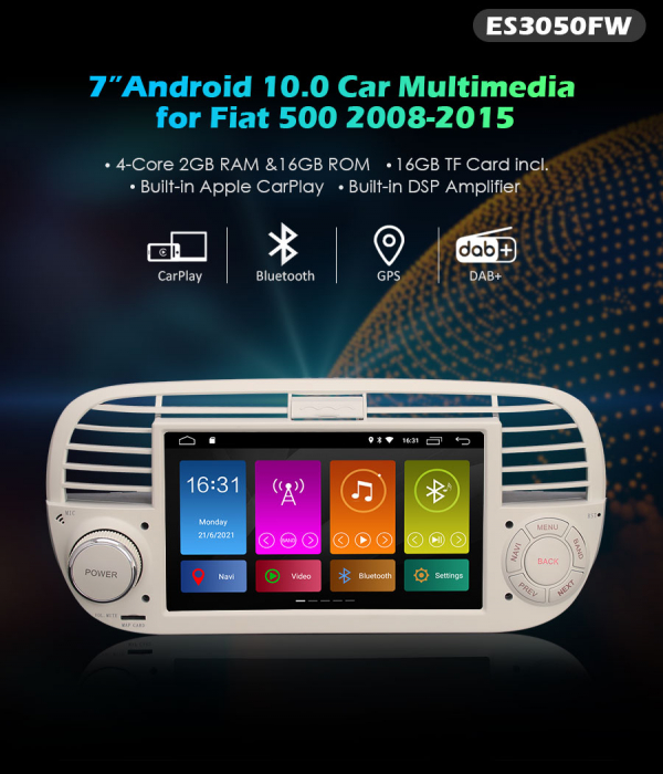 Navigatie auto, Pachet dedicat Fiat 500 2008-2015, Android 11, 7 inch [10]