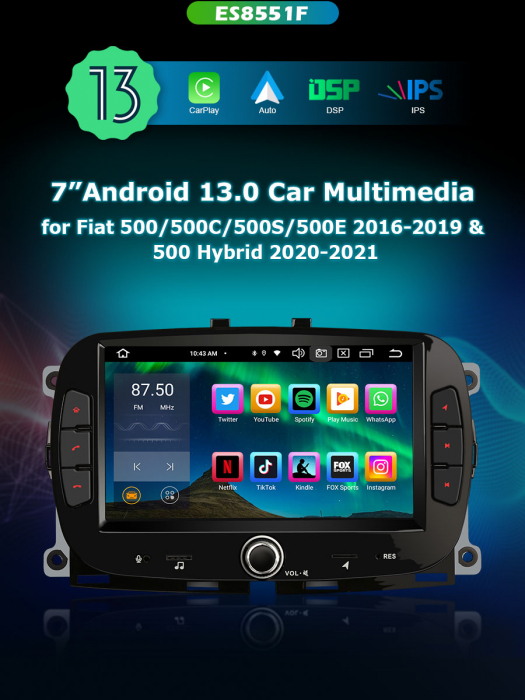 Navigatie auto, Pachet dedicat Fiat 500/500C/500S/500E 2016-2019 and 500 Hybrid 2020-2021 , Android 13 [9]