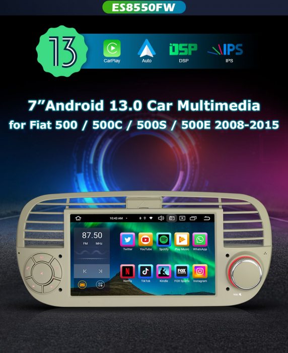 Navigatie auto, Pachet dedicat Fiat 500/500C/500S 500E, 7 inch, Android 13 [9]