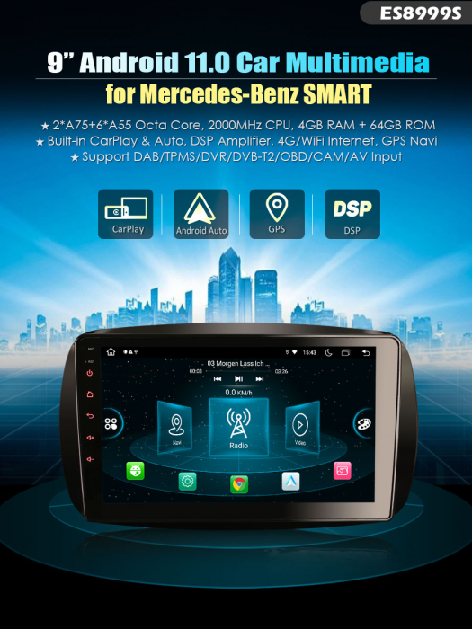 Navigatie auto, Pachet dedicat  Mercedes-Benz SMART DAB+, 9 Inch, Android 11. [12]