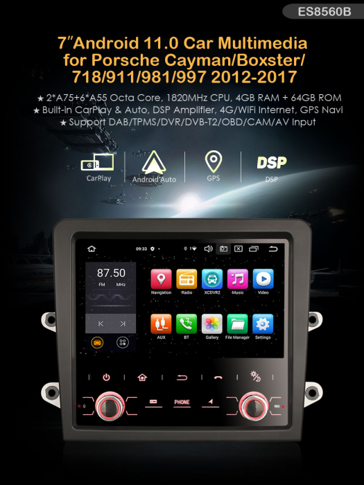 Navigatie auto, Pachet dedicat Porsche Cayman/Boxster/718/911/981/997, Android 11, 7 inch, Octa Core [9]