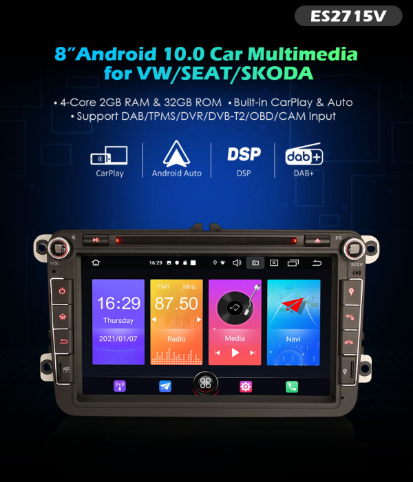 Navigatie auto, Pachet dedicat VW EOS Golf 5/6 Polo Passat Tiguan T5 Multivan Seat, 8 inch, Android 10 [8]