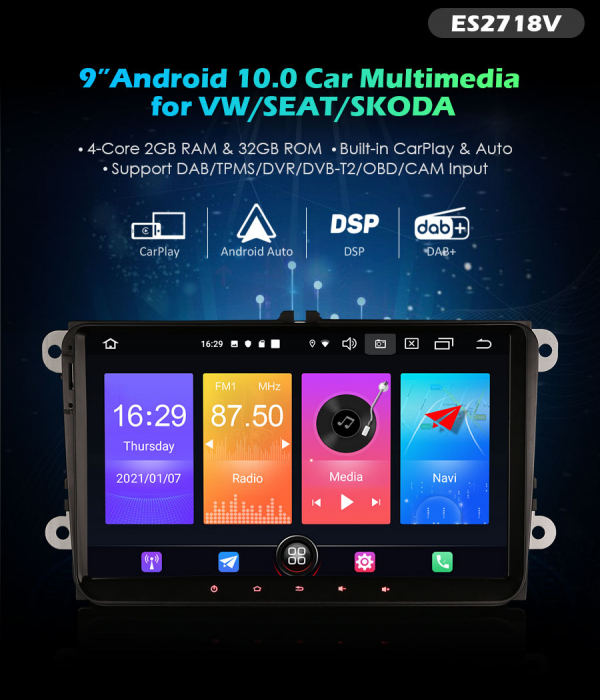 Navigatie auto, VW EOS Golf 5/6 Polo Passat Tiguan T5 Multivan Seat, 9 inch, Android 10 [10]