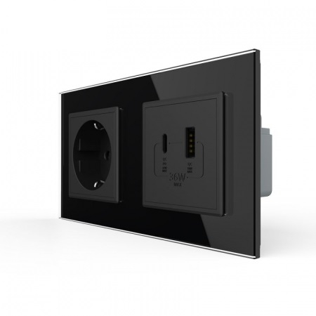 Priza dubla Schuko + USB tip A si tip C, cu rama sticla [3]