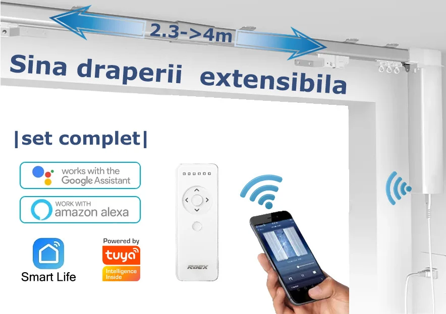 Sina draperii inteligente smart extensibila 2.3-4m, motor inteligent smart WiFi, control din app mobila Tuya, control telecomanda BT [2]