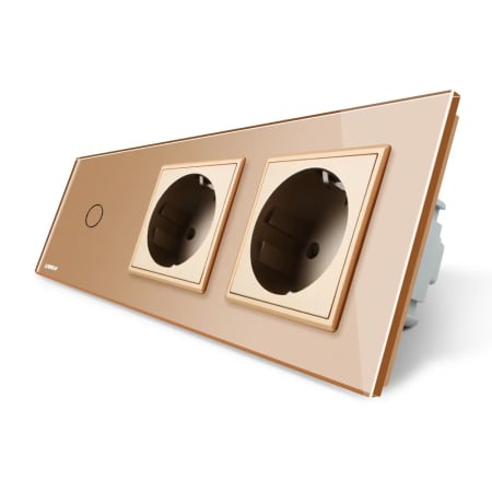 Livolo - Prize - Intrerupator simplu cap scara / cap cruce cu touch si 2 prize din sticla