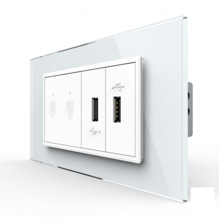 Serie Noua - Intrerupator tactil dublu cap scara / cruce + priza dubla USB, 4M, cu rama sticla , Livolo