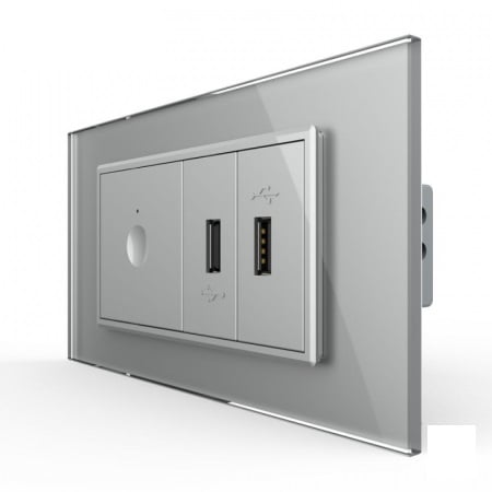 Intrerupator tactil simplu cap scara / cruce + priza dubla USB, 4M, cu rama sticla, Livolo [2]