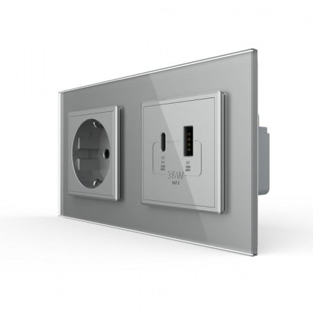 Priza dubla Schuko + USB tip A si tip C, cu rama sticla [3]