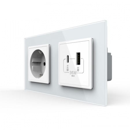 Priza dubla Schuko + USB tip A si tip C, cu rama sticla [1]