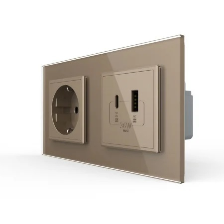 LIVOLO - Priza dubla Schuko + USB tip A si tip C, cu rama sticla