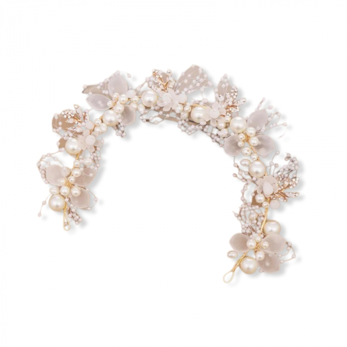 CUNUNITA MIREASA CU PERLE PIETRE PETALE FAIRY ALB [2]