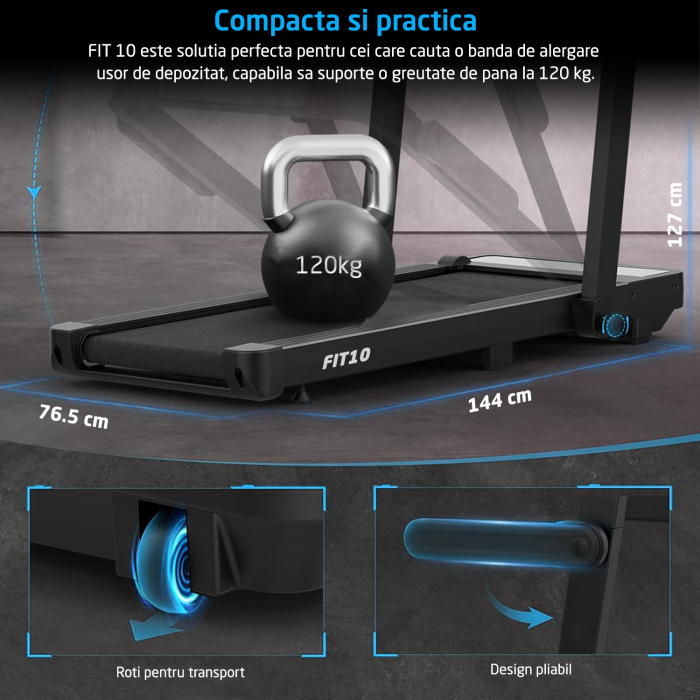 Banda de Alergat GO4FIT® Model FIT10, Viteza Maxima 12km/h, Motor 2.5CP, Sistem Pliere, 15 Programe, Bluetooth, Aplicatii, Kinomap, Zwift, FitShow, Greutate Utilizator 120 kg, Timp, Distanta, Calorii [4]