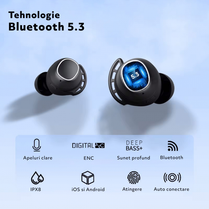 Casti Wireless Audio fara Fir, Bluetooth 5.3, Microfon, Afisaj LED Control Tactil, Autonomie 60h, Tip Incarcare Type-C, Carcasa Magnetica, Rezistenta la Apa IPX8, 500mAh, Negru [4]