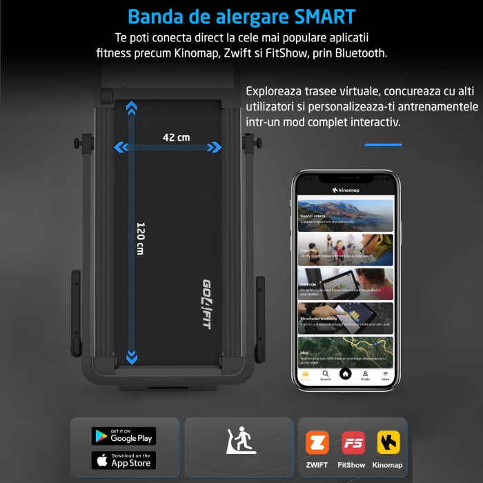 Banda de Alergat GO4FIT® Model FIT10, Viteza Maxima 12km/h, Motor 2.5CP, Sistem Pliere, 15 Programe, Bluetooth, Aplicatii, Kinomap, Zwift, FitShow, Greutate Utilizator 120 kg, Timp, Distanta, Calorii [5]