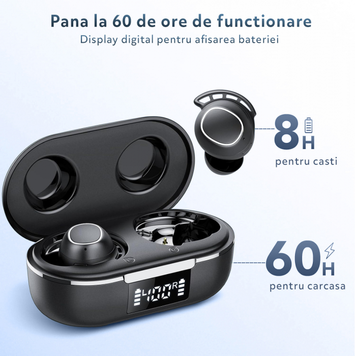 Casti Wireless Audio fara Fir, Bluetooth 5.3, Microfon, Afisaj LED Control Tactil, Autonomie 60h, Tip Incarcare Type-C, Carcasa Magnetica, Rezistenta la Apa IPX8, 500mAh, Negru [5]