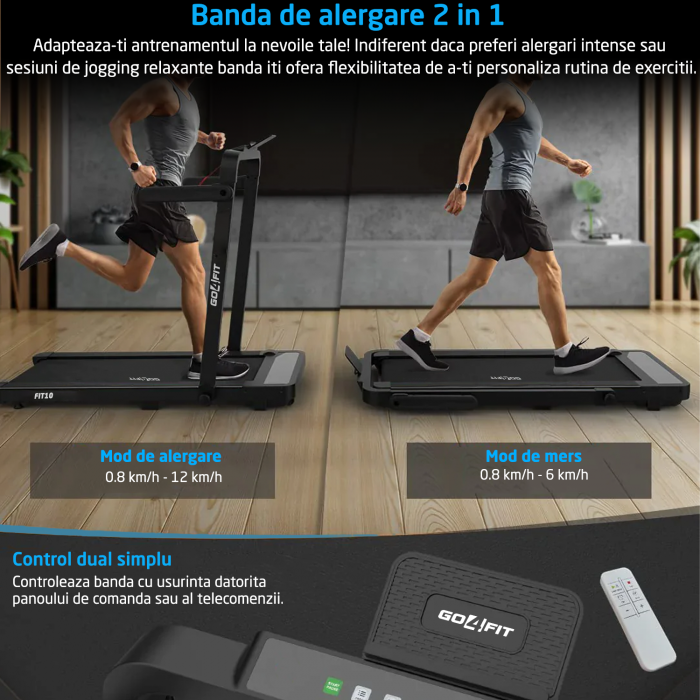 Banda de Alergat GO4FIT® Model FIT10, Viteza Maxima 12km/h, Motor 2.5CP, Sistem Pliere, 15 Programe, Bluetooth, Aplicatii, Kinomap, Zwift, FitShow, Greutate Utilizator 120 kg, Timp, Distanta, Calorii [6]