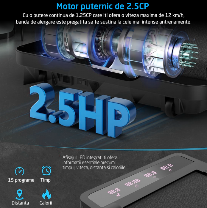 Banda de Alergat GO4FIT® Model FIT10, Viteza Maxima 12km/h, Motor 2.5CP, Sistem Pliere, 15 Programe, Bluetooth, Aplicatii, Kinomap, Zwift, FitShow, Greutate Utilizator 120 kg, Timp, Distanta, Calorii [2]